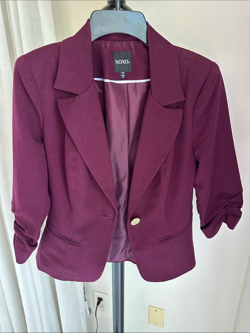 XOXO Women's Plum-Raspberry Ruched Sleeve Blazer